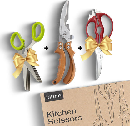 Heavy Duty Kitchen Shears - Premium Stainless Steel Cooking Scissors for Meat, Poultry, Herbs & More | Includes Bonus Herb Scissors & Poultry Shears in Giftable Box