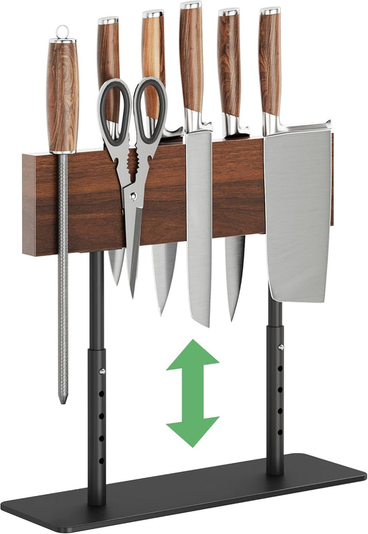 Acacia Wood Knife Block, Adjustable Height Magnetic Stand (8.66–11.81 in), Double-Sided Knife Storage, Thick Metal Base with Non-Slip Pads for Kitchen Counter