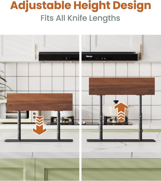 Acacia Wood Knife Block, Adjustable Height Magnetic Stand (8.66–11.81 in), Double-Sided Knife Storage, Thick Metal Base with Non-Slip Pads for Kitchen Counter