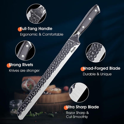 Huusk Japan 11.5 Inch Hand Forged Slicing Knife for Meats, Ribs, Roasts - Brisket Carving Knife for BBQ and Christmas Gifts | Hand Forged Slicing Knife for Meat Cutting, BBQ, Turkey, Ergonomic Handle, Ideal Grilling Gift for Men and Women