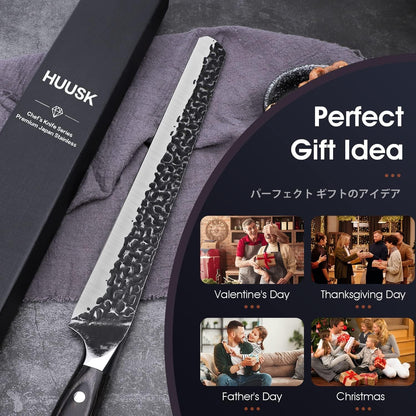 Huusk Japan 11.5 Inch Hand Forged Slicing Knife for Meats, Ribs, Roasts - Brisket Carving Knife for BBQ and Christmas Gifts | Hand Forged Slicing Knife for Meat Cutting, BBQ, Turkey, Ergonomic Handle, Ideal Grilling Gift for Men and Women