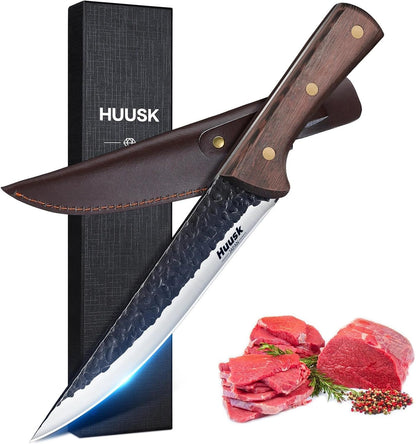 Huusk Japan 11.5 Inch Hand Forged Slicing Knife for Meats, Ribs, Roasts - Brisket Carving Knife for BBQ and Christmas Gifts | Hand Forged Slicing Knife for Meat Cutting, BBQ, Turkey, Ergonomic Handle, Ideal Grilling Gift for Men and Women