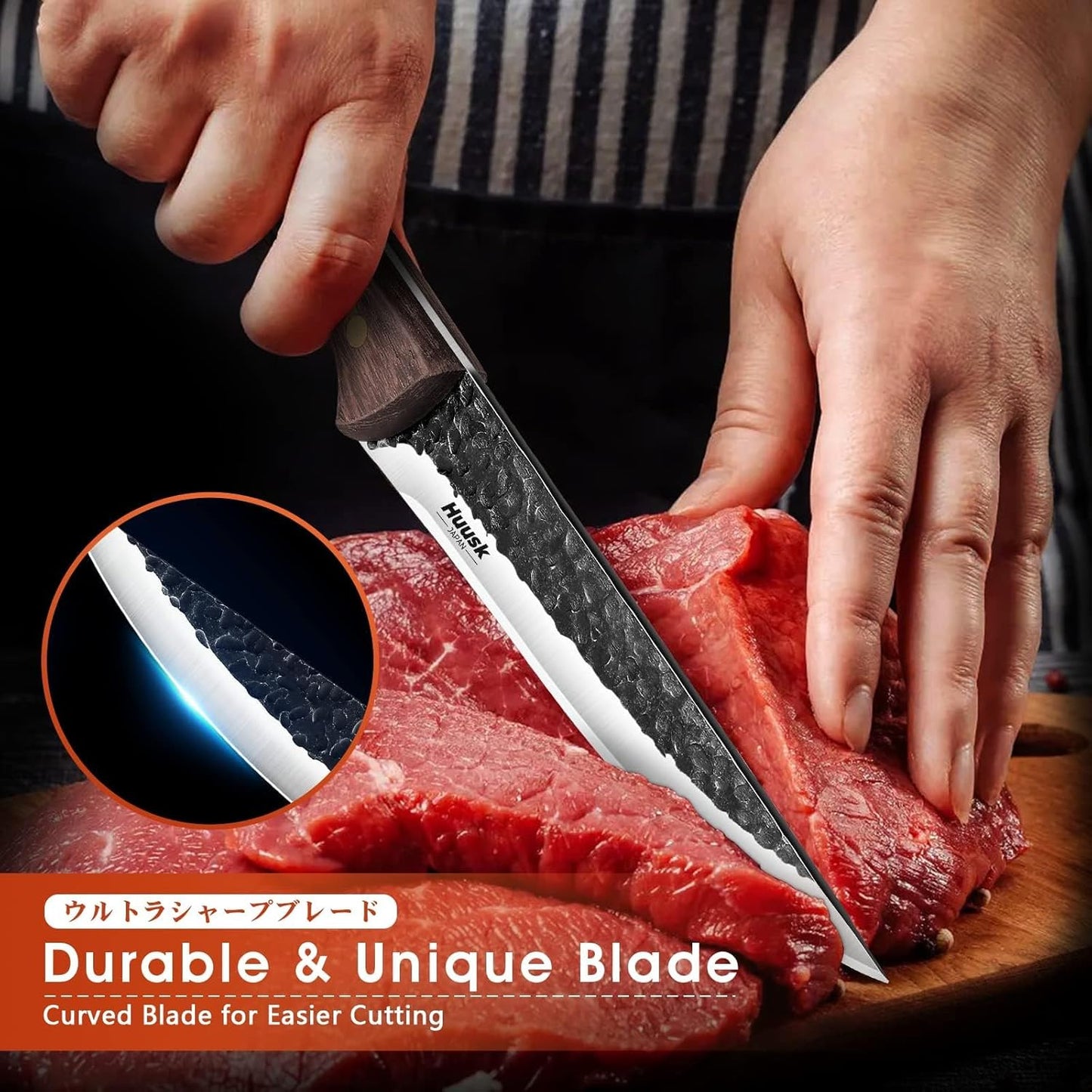 Huusk Japan 11.5 Inch Hand Forged Slicing Knife for Meats, Ribs, Roasts - Brisket Carving Knife for BBQ and Christmas Gifts | Hand Forged Slicing Knife for Meat Cutting, BBQ, Turkey, Ergonomic Handle, Ideal Grilling Gift for Men and Women