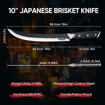 Huusk Japan 11.5 Inch Hand Forged Slicing Knife for Meats, Ribs, Roasts - Brisket Carving Knife for BBQ and Christmas Gifts | Hand Forged Slicing Knife for Meat Cutting, BBQ, Turkey, Ergonomic Handle, Ideal Grilling Gift for Men and Women