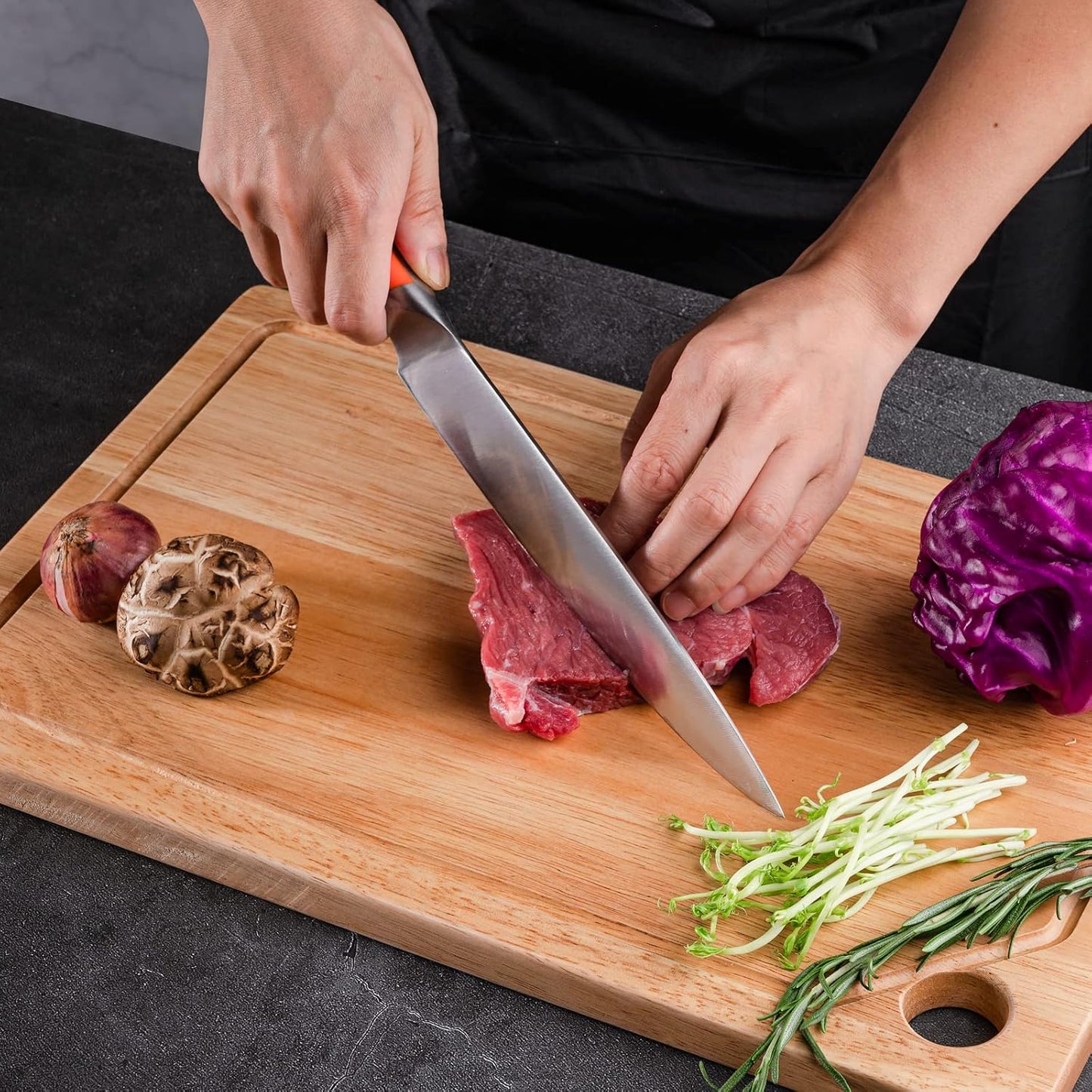 4-Piece Labeled Bamboo Cutting Board Set with Stainless Steel Carving Knife, Kitchen Prep Bundle for Meat, Vegetables & Fruits