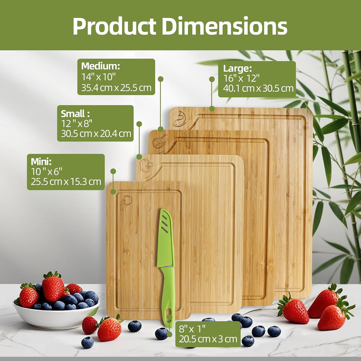 4-Piece Labeled Bamboo Cutting Board Set with Stainless Steel Carving Knife, Kitchen Prep Bundle for Meat, Vegetables & Fruits