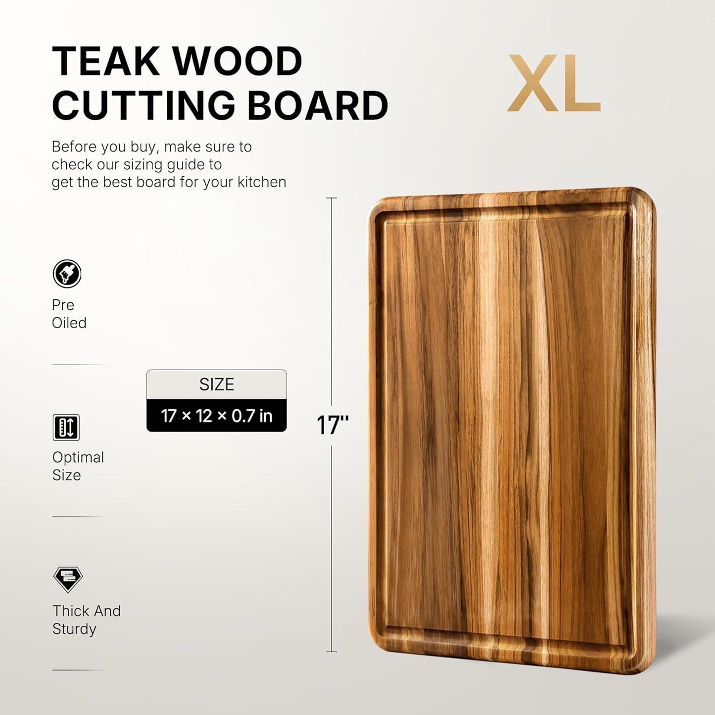 Teak Wood Cutting Board 17'' Wooden Chopping Board Kitchen Appliances | High-End Teak, Over Sink, Wooden Chopping & Charcuterie Board, Easy to Clean, Non-Toxic, Ideal Kitchen Gift, Solid Thick