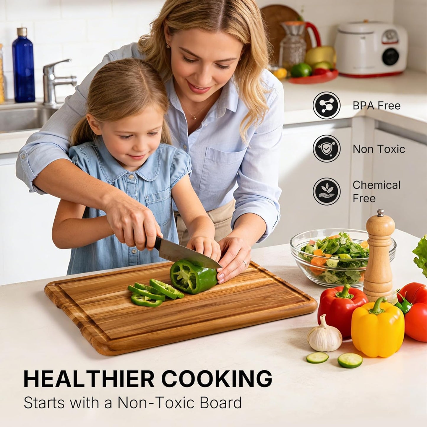 Teak Wood Cutting Board 17'' Wooden Chopping Board Kitchen Appliances | High-End Teak, Over Sink, Wooden Chopping & Charcuterie Board, Easy to Clean, Non-Toxic, Ideal Kitchen Gift, Solid Thick
