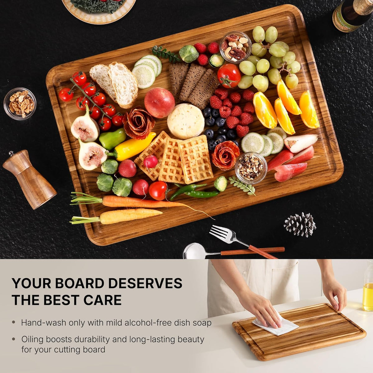 Teak Wood Cutting Board 17'' Wooden Chopping Board Kitchen Appliances | High-End Teak, Over Sink, Wooden Chopping & Charcuterie Board, Easy to Clean, Non-Toxic, Ideal Kitchen Gift, Solid Thick