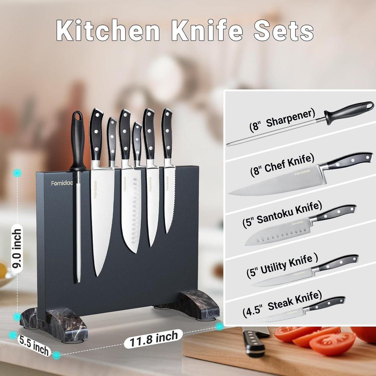 6 Pieces Knife Set with Magnetic Block,Ultra-Sharp High-carbon Steel Kitchen Knife Set, Professional Knife Block Set with Ergonomic Handle and Sharpener
