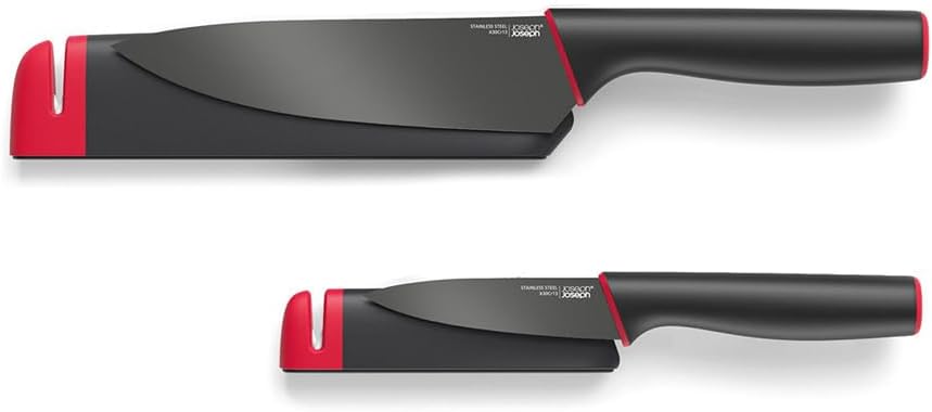 Slice & Sharpen 6" Chef's Knive and 3.5" Paring Knife with Sharpening Protective Sheaths, Black