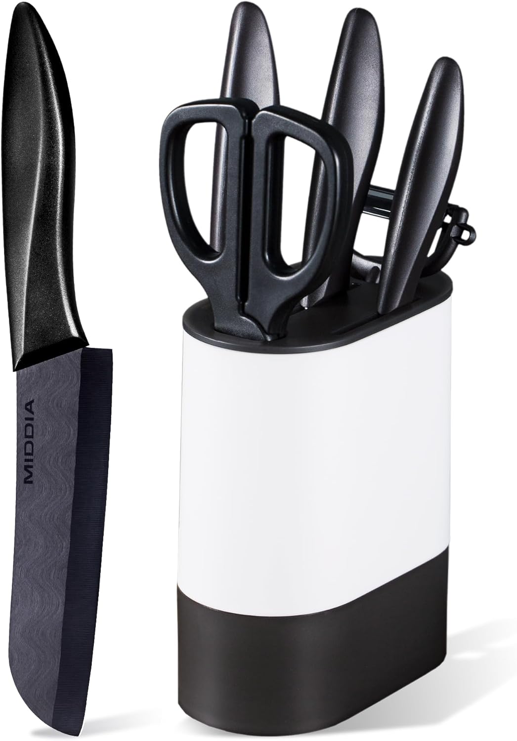 Kitchen Knife Set (6 Pieces), Ceramic Essential Knife Set with Block, Rust-Resistant Blade with Ergonomic Handle, Housewarming Gift, Black/White