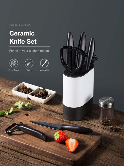Kitchen Knife Set (6 Pieces), Ceramic Essential Knife Set with Block, Rust-Resistant Blade with Ergonomic Handle, Housewarming Gift, Black/White