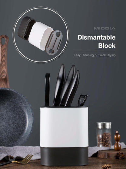 Kitchen Knife Set (6 Pieces), Ceramic Essential Knife Set with Block, Rust-Resistant Blade with Ergonomic Handle, Housewarming Gift, Black/White
