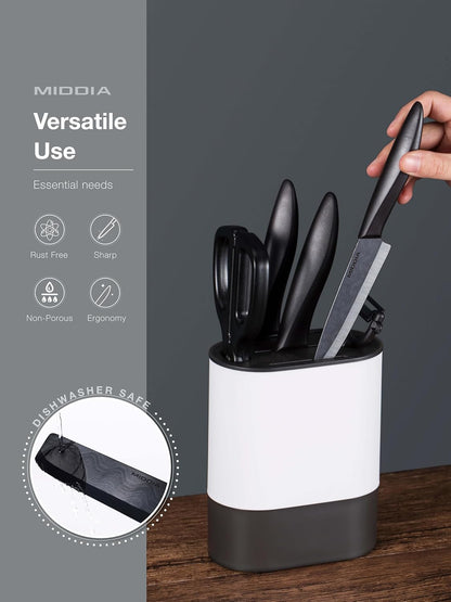 Kitchen Knife Set (6 Pieces), Ceramic Essential Knife Set with Block, Rust-Resistant Blade with Ergonomic Handle, Housewarming Gift, Black/White