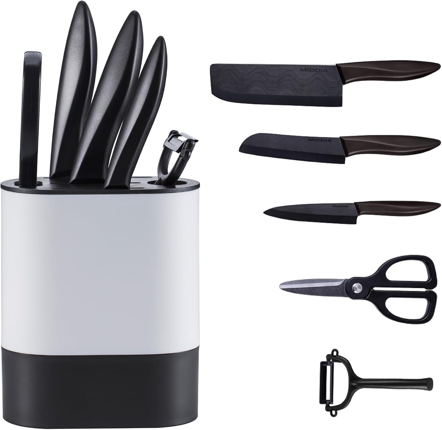 Kitchen Knife Set (6 Pieces), Ceramic Essential Knife Set with Block, Rust-Resistant Blade with Ergonomic Handle, Housewarming Gift, Black/White