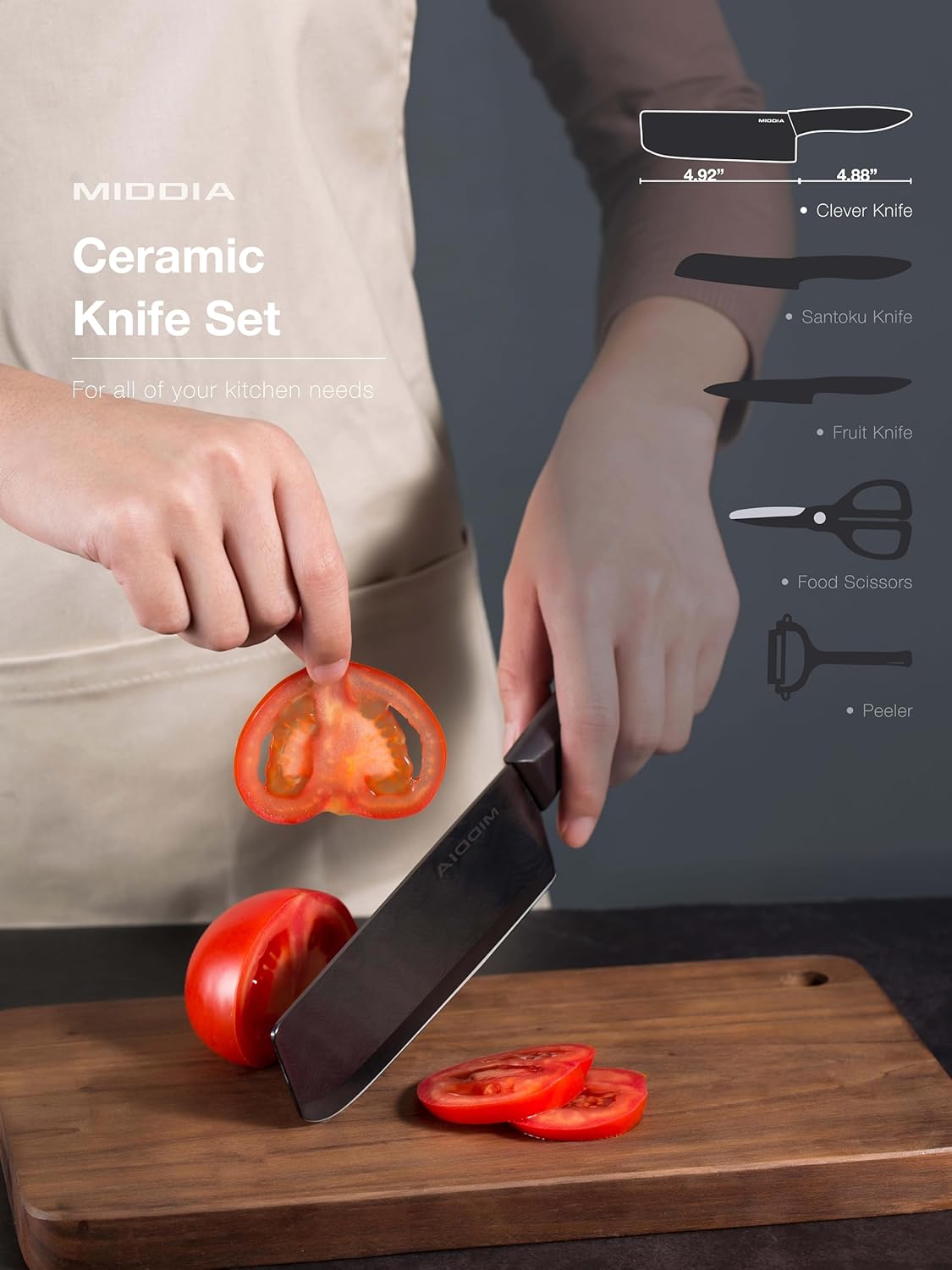 Kitchen Knife Set (6 Pieces), Ceramic Essential Knife Set with Block, Rust-Resistant Blade with Ergonomic Handle, Housewarming Gift, Black/White