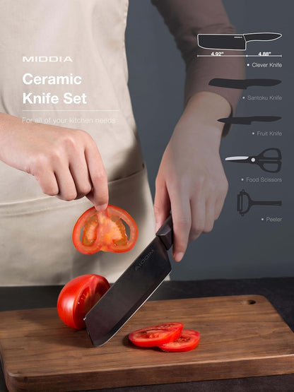 Kitchen Knife Set (6 Pieces), Ceramic Essential Knife Set with Block, Rust-Resistant Blade with Ergonomic Handle, Housewarming Gift, Black/White