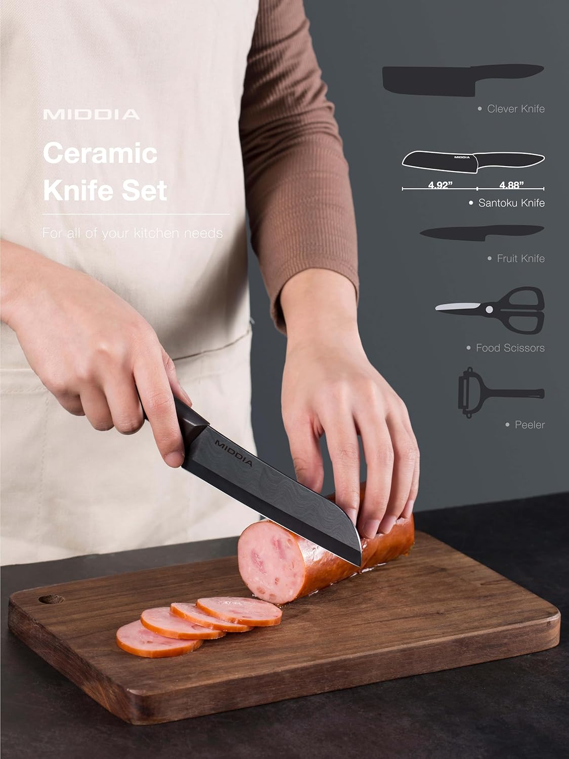 Kitchen Knife Set (6 Pieces), Ceramic Essential Knife Set with Block, Rust-Resistant Blade with Ergonomic Handle, Housewarming Gift, Black/White