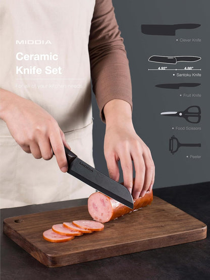 Kitchen Knife Set (6 Pieces), Ceramic Essential Knife Set with Block, Rust-Resistant Blade with Ergonomic Handle, Housewarming Gift, Black/White