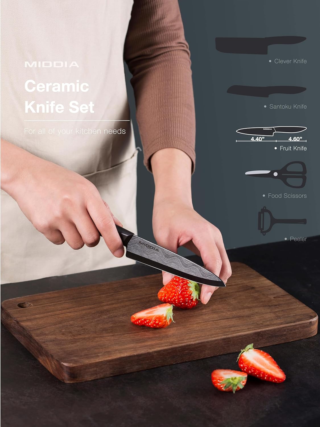 Kitchen Knife Set (6 Pieces), Ceramic Essential Knife Set with Block, Rust-Resistant Blade with Ergonomic Handle, Housewarming Gift, Black/White