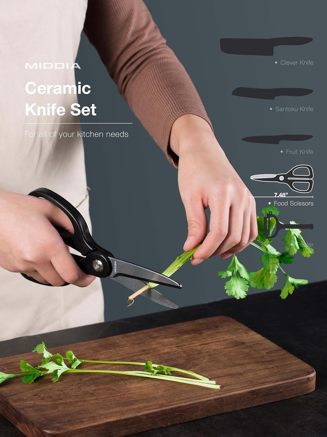 Kitchen Knife Set (6 Pieces), Ceramic Essential Knife Set with Block, Rust-Resistant Blade with Ergonomic Handle, Housewarming Gift, Black/White