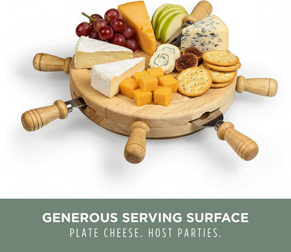 PICNIC TIME Mariner Cheese Board and Knife Set, Novelty Charcuterie Board Set with Stainless Steel Tools Housed in Helm Case Under the Lid, Swivel-Open Serving Platter, and Charcuterie Set, (Parawood)