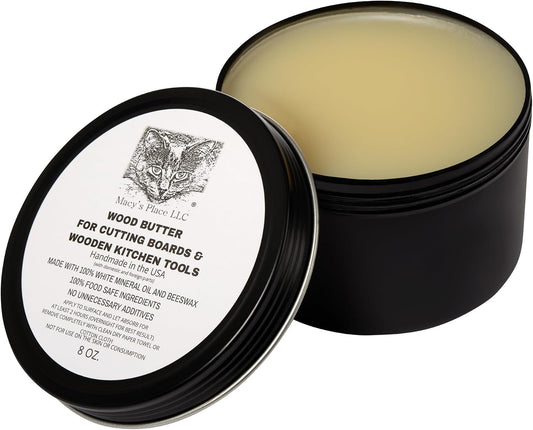 Wood Butter Cutting Board Wax - 8 fl oz - Conditioner for Butcher Block and Wooden Kitchen Tools. Food Grade Mineral Oil and Beeswax for Wooden Tools. Support Animal Rescue