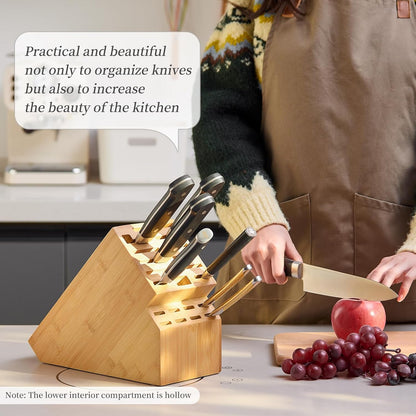 Knife Block Countertop Butcher's Knife Rack and Organizer 20 Slot Knife Holder Large Bamboo Knives Rack (Knife Not Included), Universal Knife Rack Strap