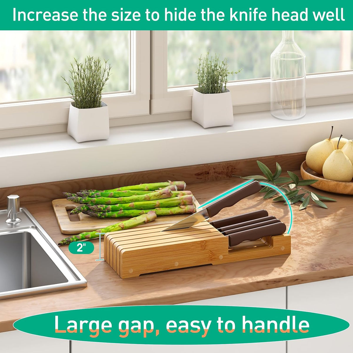 Knife Organizer Drawer Insert, In-Drawer Bamboo Wood Knife Block, Drawer Knife Storage Steak Knife Holder Without Knives, Holds up to 5 Knives