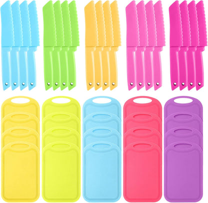 40 Pcs Kids Cutting Board and Knife Set Safe Serrated for Fruit Vegetable | Plastic Toddler Knives Cutting Set, Kid Safe Utensils, Colorful Cooking Starter, Salad Prep, Ages 3+