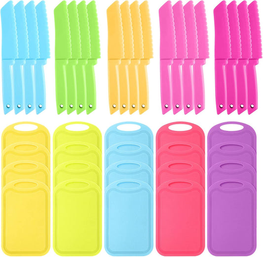 40 Pcs Kids Cutting Board and Knife Set Safe Serrated for Fruit Vegetable | Plastic Toddler Knives Cutting Set, Kid Safe Utensils, Colorful Cooking Starter, Salad Prep, Ages 3+