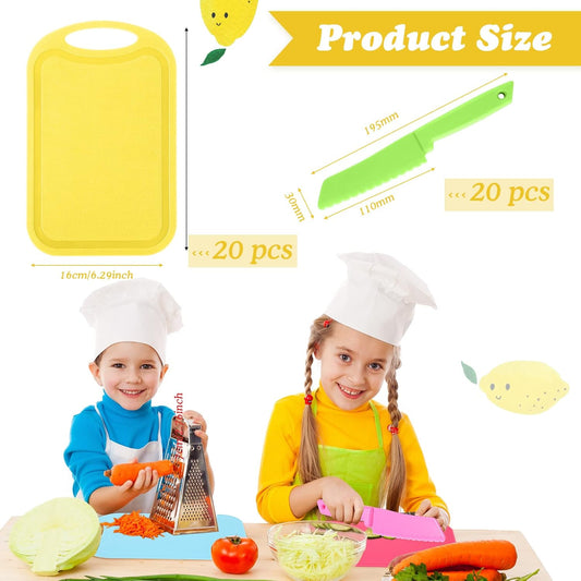40 Pcs Kids Cutting Board and Knife Set Safe Serrated for Fruit Vegetable | Plastic Toddler Knives Cutting Set, Kid Safe Utensils, Colorful Cooking Starter, Salad Prep, Ages 3+