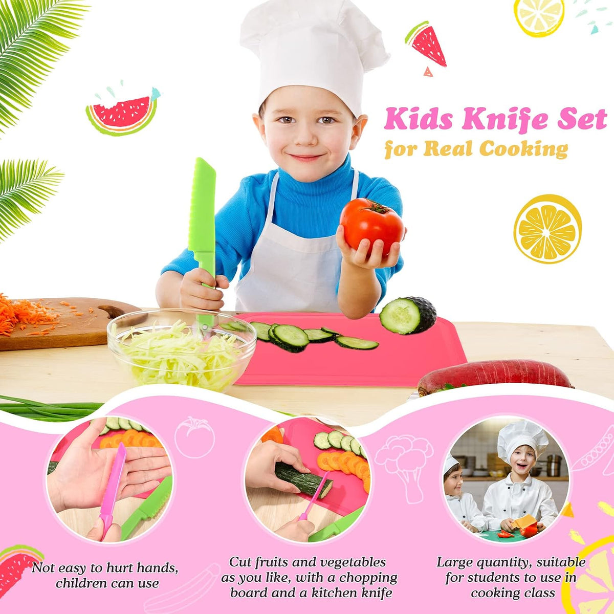 40 Pcs Kids Cutting Board and Knife Set Safe Serrated for Fruit Vegetable | Plastic Toddler Knives Cutting Set, Kid Safe Utensils, Colorful Cooking Starter, Salad Prep, Ages 3+