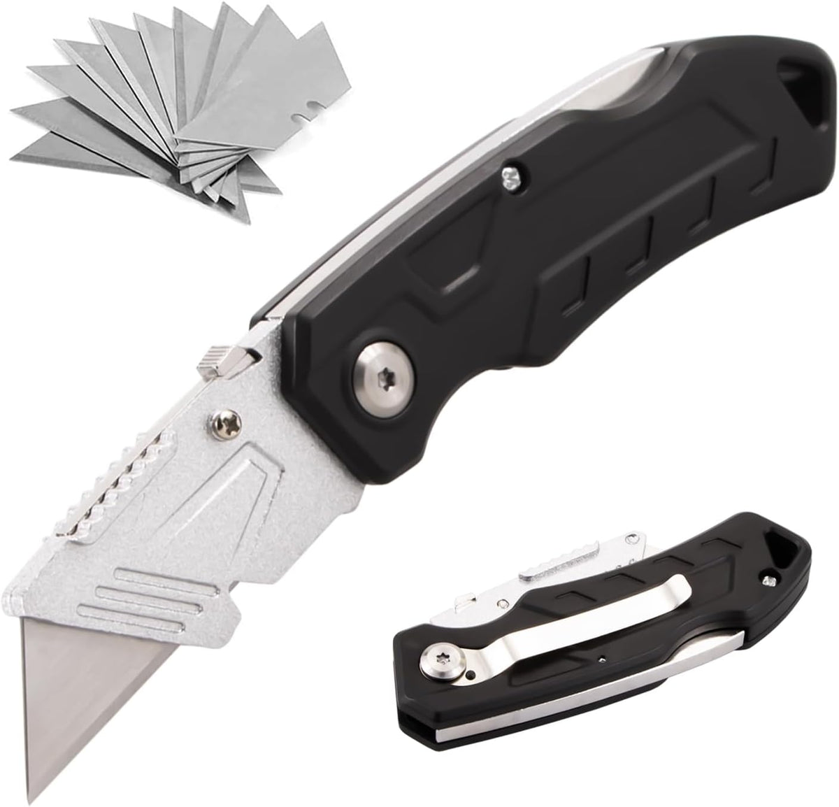 Box Cutter with 10 Extra Blades, Heavy Duty Folding Utility Knife for Cardboard, Carton, Carpet Cutting, Anti-slip ABS Handle, Quick Replace Blade