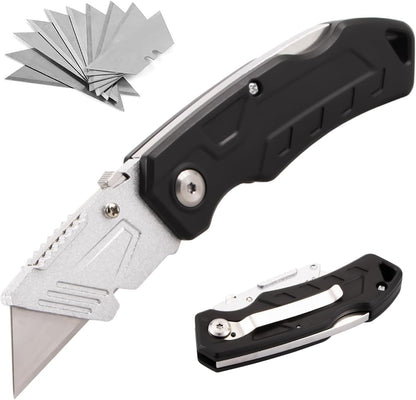 Box Cutter with 10 Extra Blades, Heavy Duty Folding Utility Knife for Cardboard, Carton, Carpet Cutting, Anti-slip ABS Handle, Quick Replace Blade