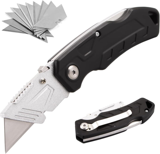 Box Cutter with 10 Extra Blades, Heavy Duty Folding Utility Knife for Cardboard, Carton, Carpet Cutting, Anti-slip ABS Handle, Quick Replace Blade