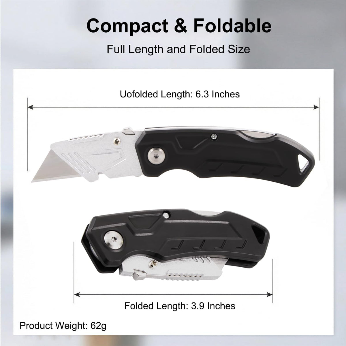 Box Cutter with 10 Extra Blades, Heavy Duty Folding Utility Knife for Cardboard, Carton, Carpet Cutting, Anti-slip ABS Handle, Quick Replace Blade