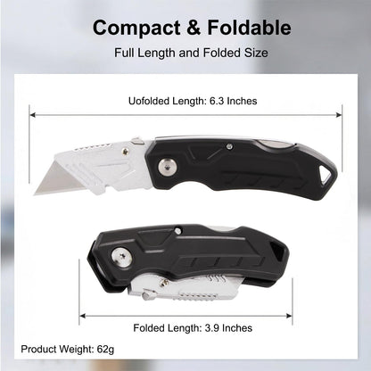 Box Cutter with 10 Extra Blades, Heavy Duty Folding Utility Knife for Cardboard, Carton, Carpet Cutting, Anti-slip ABS Handle, Quick Replace Blade