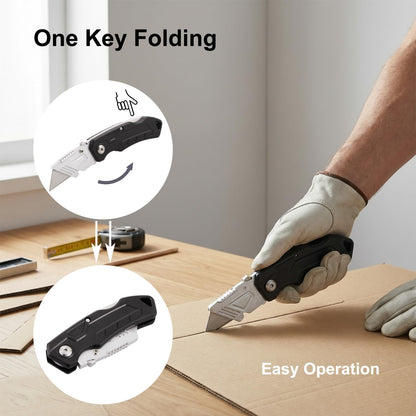 Box Cutter with 10 Extra Blades, Heavy Duty Folding Utility Knife for Cardboard, Carton, Carpet Cutting, Anti-slip ABS Handle, Quick Replace Blade