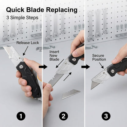 Box Cutter with 10 Extra Blades, Heavy Duty Folding Utility Knife for Cardboard, Carton, Carpet Cutting, Anti-slip ABS Handle, Quick Replace Blade