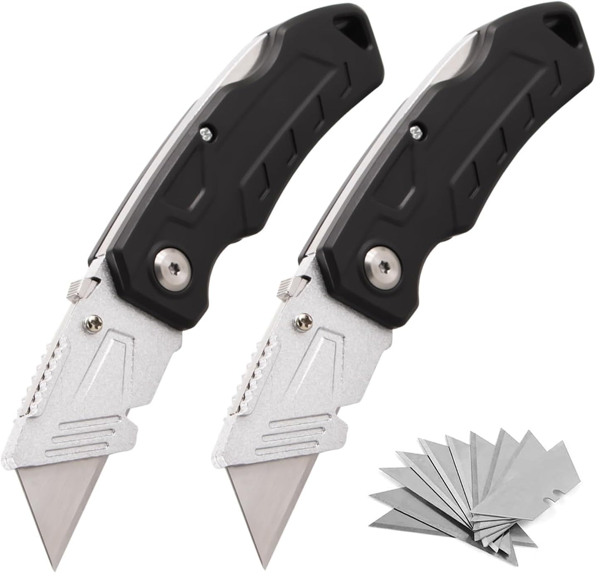 Box Cutter with 10 Extra Blades, Heavy Duty Folding Utility Knife for Cardboard, Carton, Carpet Cutting, Anti-slip ABS Handle, Quick Replace Blade