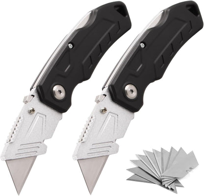 Box Cutter with 10 Extra Blades, Heavy Duty Folding Utility Knife for Cardboard, Carton, Carpet Cutting, Anti-slip ABS Handle, Quick Replace Blade