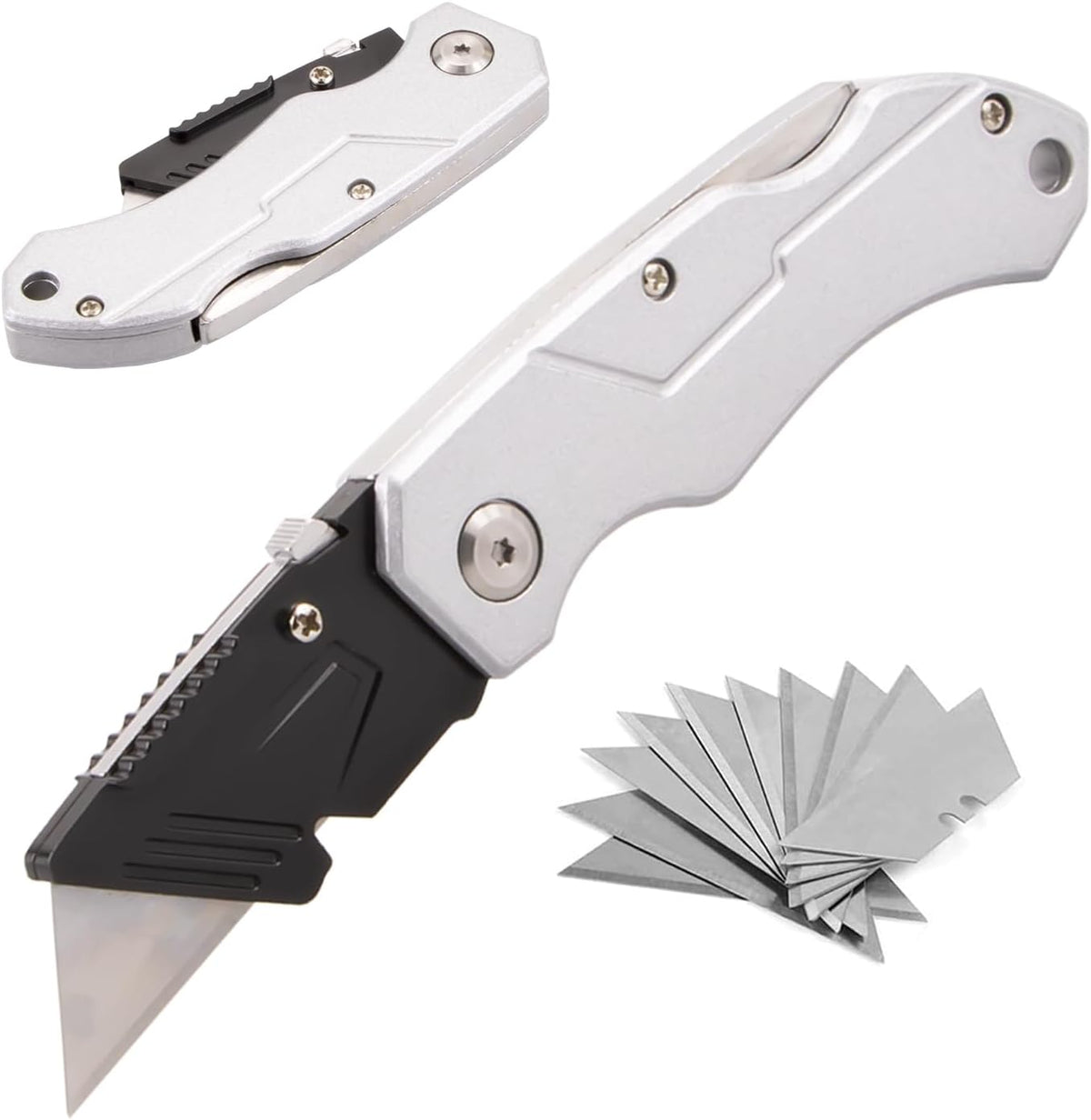 Box Cutter with 10 Extra Blades, Heavy Duty Folding Utility Knife for Cardboard, Carton, Carpet Cutting, Anti-slip ABS Handle, Quick Replace Blade
