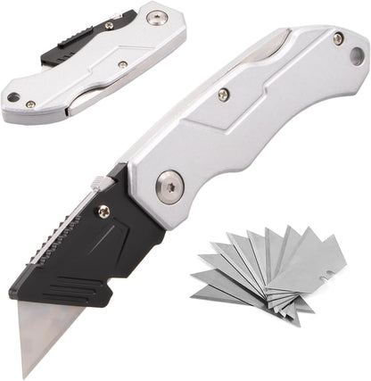 Box Cutter with 10 Extra Blades, Heavy Duty Folding Utility Knife for Cardboard, Carton, Carpet Cutting, Anti-slip ABS Handle, Quick Replace Blade