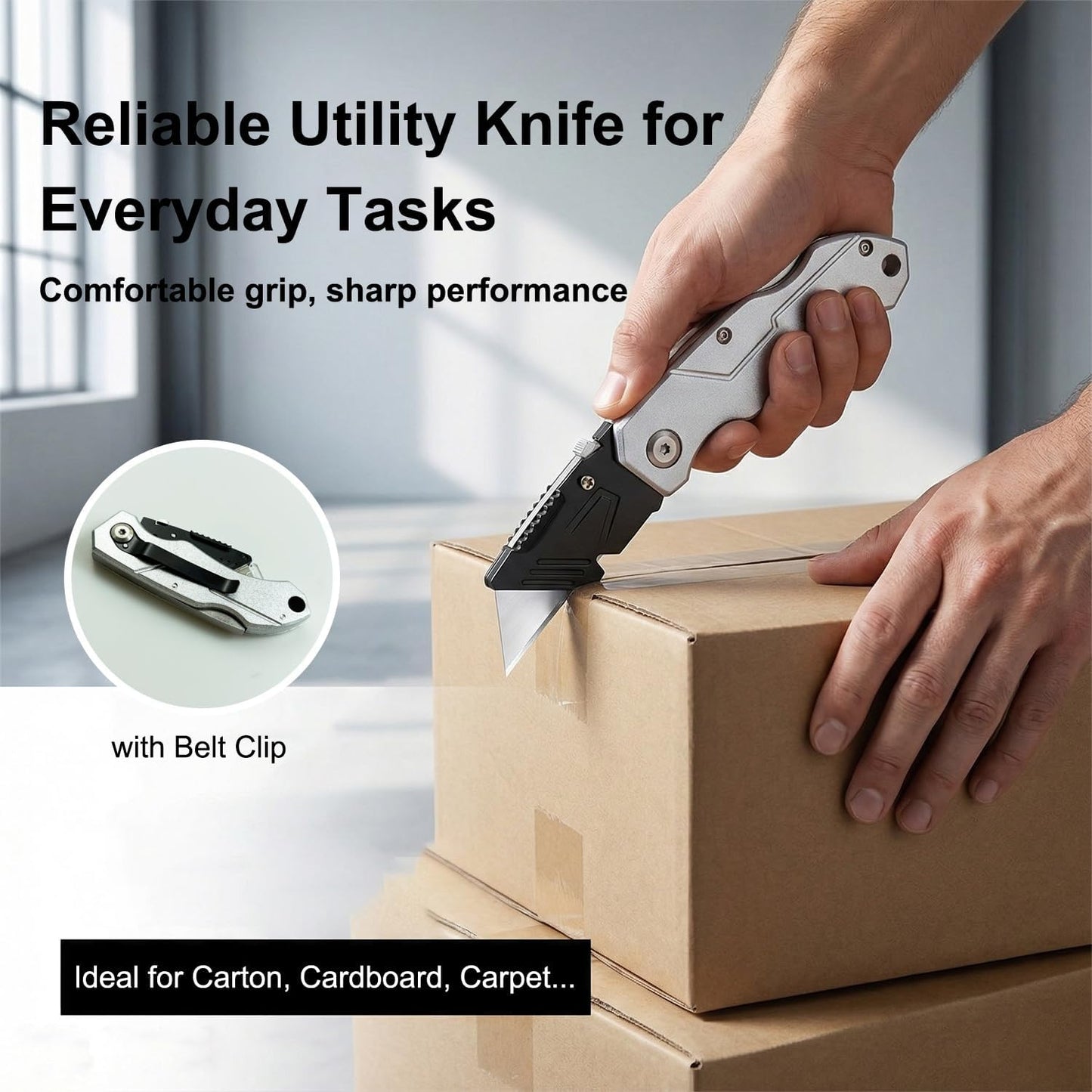 Box Cutter with 10 Extra Blades, Heavy Duty Folding Utility Knife for Cardboard, Carton, Carpet Cutting, Anti-slip ABS Handle, Quick Replace Blade