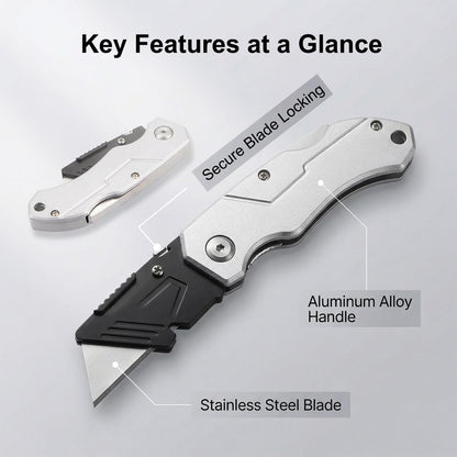 Box Cutter with 10 Extra Blades, Heavy Duty Folding Utility Knife for Cardboard, Carton, Carpet Cutting, Anti-slip ABS Handle, Quick Replace Blade