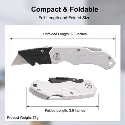 Box Cutter with 10 Extra Blades, Heavy Duty Folding Utility Knife for Cardboard, Carton, Carpet Cutting, Anti-slip ABS Handle, Quick Replace Blade