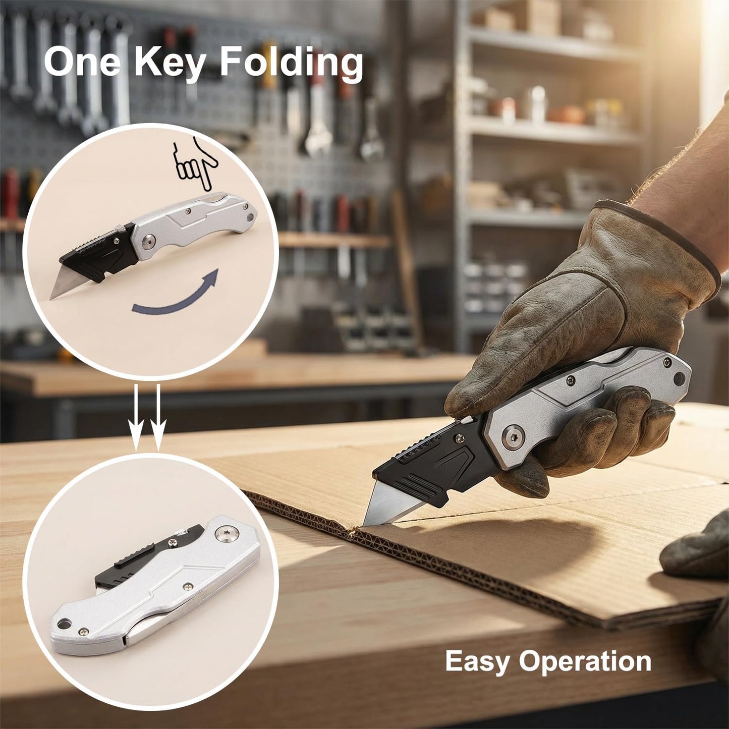 Box Cutter with 10 Extra Blades, Heavy Duty Folding Utility Knife for Cardboard, Carton, Carpet Cutting, Anti-slip ABS Handle, Quick Replace Blade