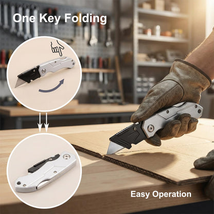 Box Cutter with 10 Extra Blades, Heavy Duty Folding Utility Knife for Cardboard, Carton, Carpet Cutting, Anti-slip ABS Handle, Quick Replace Blade
